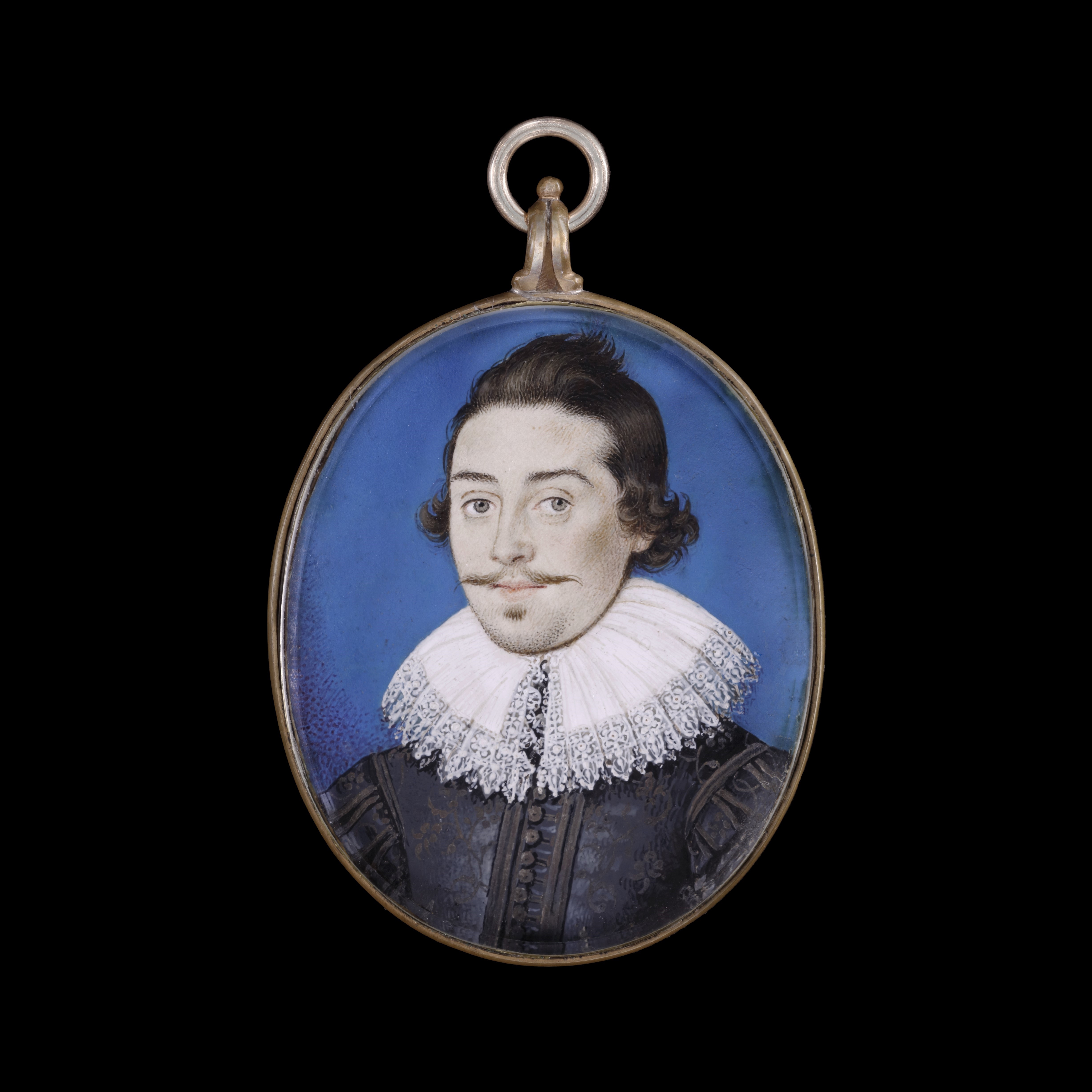 Portrait miniature of a Gentleman, said to be a member of the ‘Dorset’ family, wearing white falling ruff trimmed with lace and black, embroidered doublet